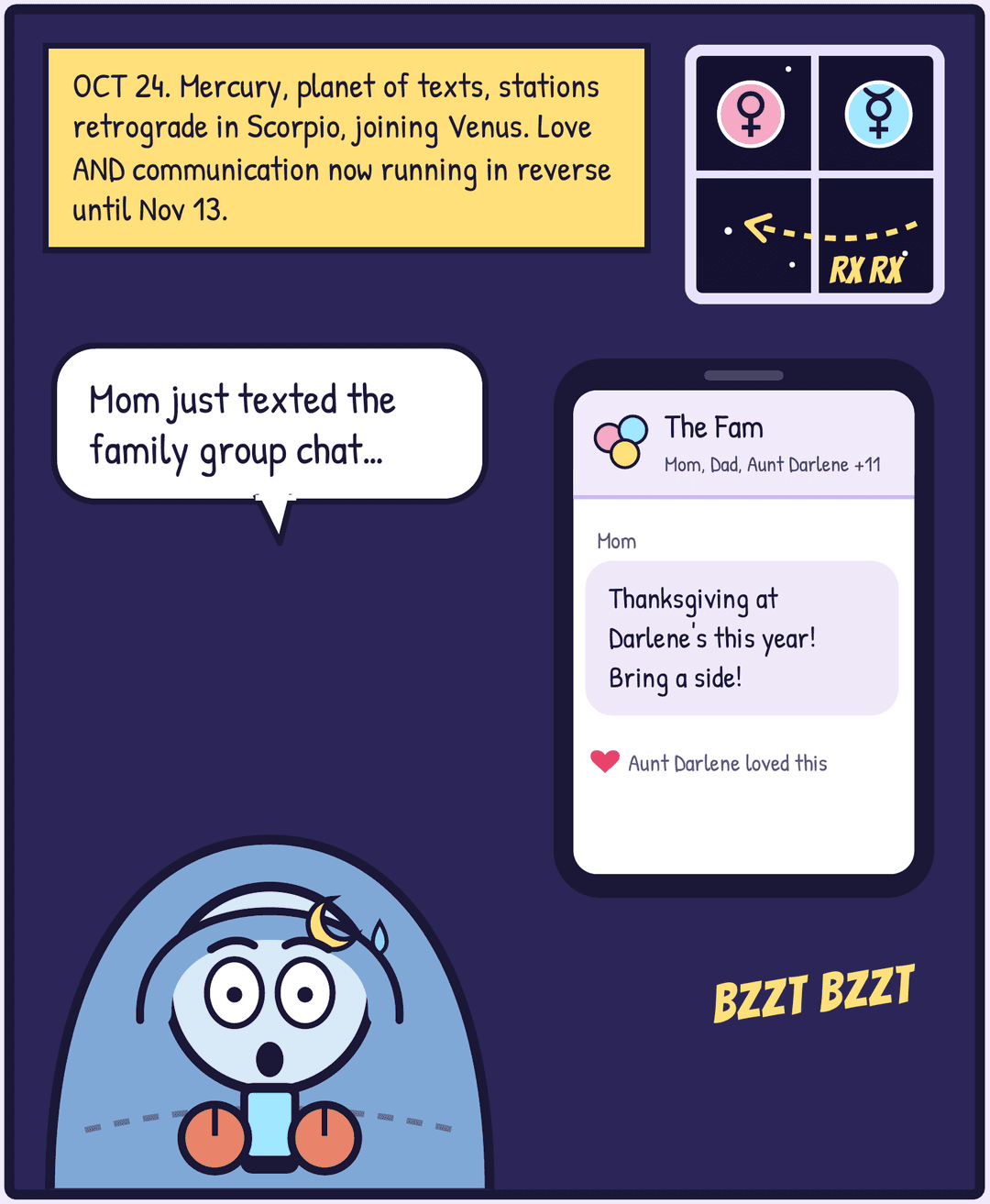 Three-panel comic. Crabby panics over a family group-chat text announcing Thanksgiving at Aunt Darlene's, the trio holds an emergency meeting at the kitchen table, and a sepia flashback to Thanksgiving 2024 shows Crabby yelling at Darlene over Grandma's stolen cranberry sauce recipe as the sauce goes splat.
