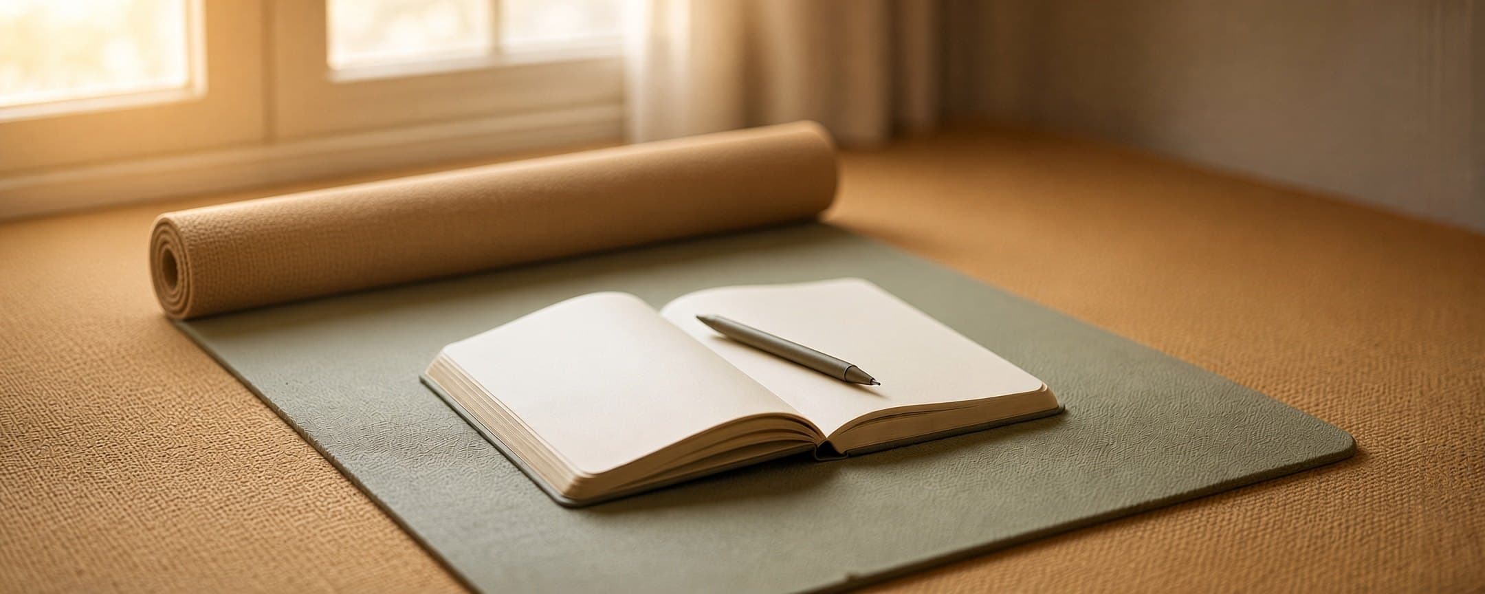 An open journal and pen resting on a yoga mat in soft window light