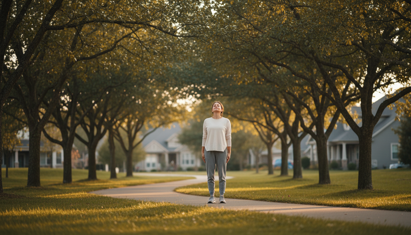 Wide-angle view of a person standing beside a quiet walking path and taking a slow breath.