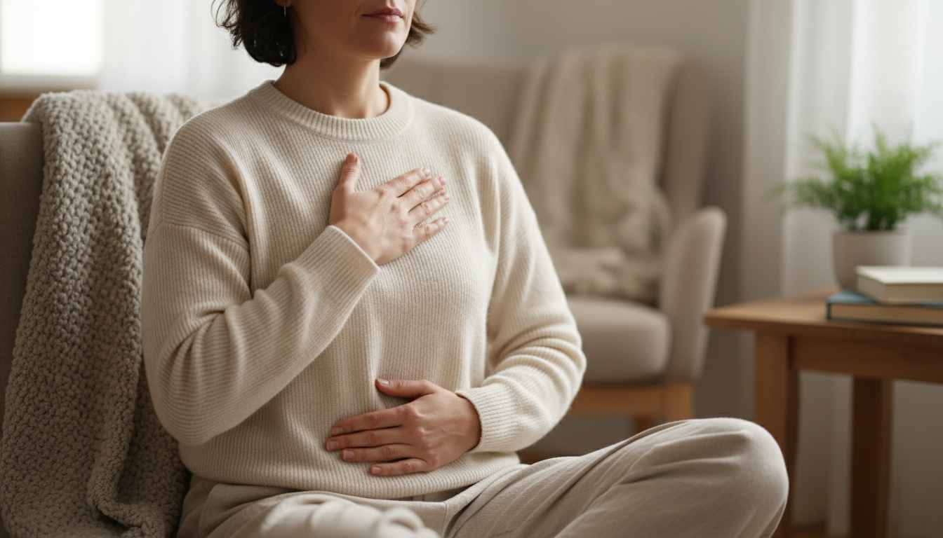 Close-up view of two hands resting on the chest and belly during a breathing exercise.