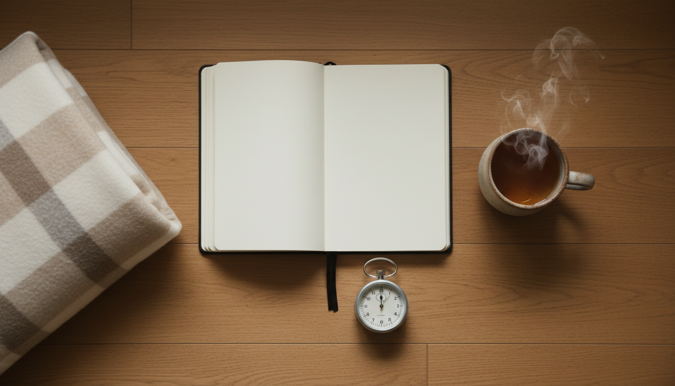 Overhead view of a journal, a cup of tea, and a small timer set beside a quiet breathing practice space.